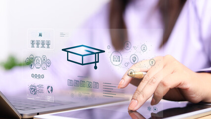 E-learning program certificate and online education learning workshop training.Male and female students icons virtual screen and Video lesson online classes on the internet.