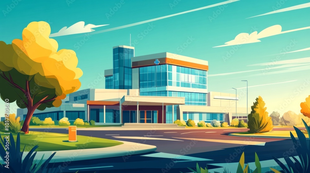 Poster a large building with a lot of glass windows and a tree in front of it