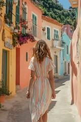 Naklejka premium Woman in a striped linen dress in a beach town, ss2025