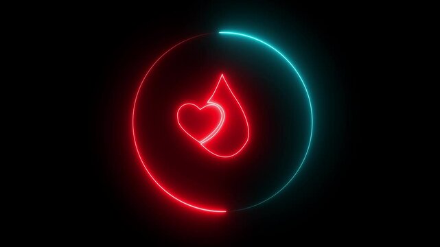 Neon line animated blood donor icon design in circle  icon style .Blood donation concept. World hemophilia day. Animation of drop of blood in round icon with isolated on transparent background
