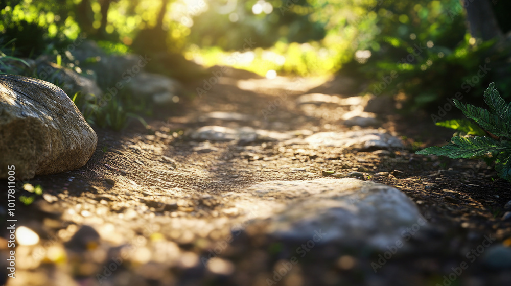 Poster a path through a forest with a rock on the side