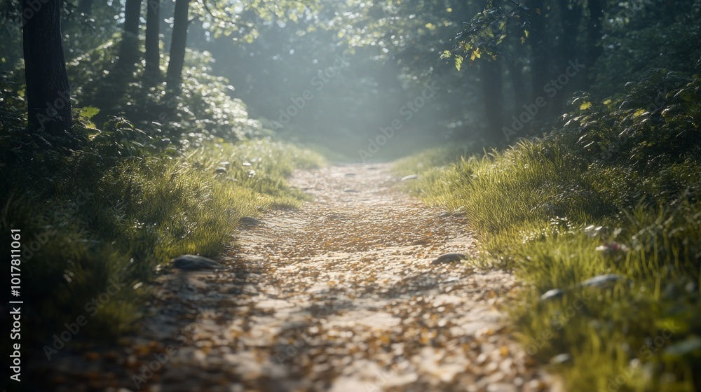 Poster a path through a forest with a lot of trees and grass