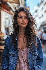 Obraz premium Woman in a denim jacket and smocked dress, ss2025