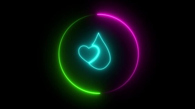 Neon line animated blood donor icon design in circle  icon style. Blood donation concept, blood transfusion. World hemophilia day. Animation of drop of blood in round love icon with plus sign .