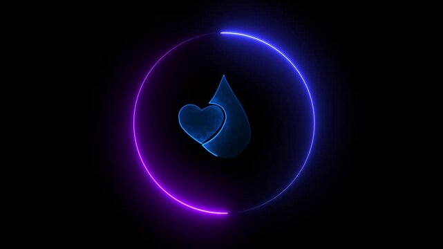 Neon line animated blood donor icon design in circle  icon style. Blood donation concept, blood transfusion. World hemophilia day. Animation of drop of blood in round love icon with plus sign .