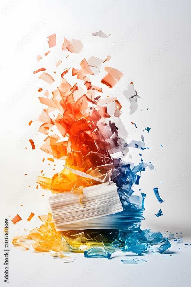 Aufkleber colorful glass shards exploding around stack of paper.