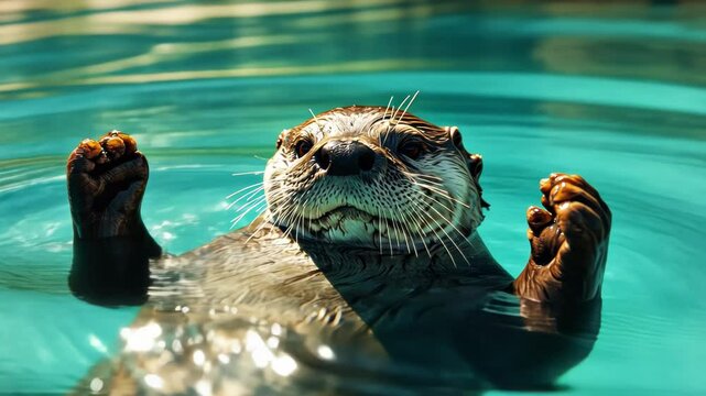 Otter Swimming in Blue Water