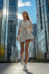 Obraz premium Woman in a belted shirt dress and sneakers, ss2025