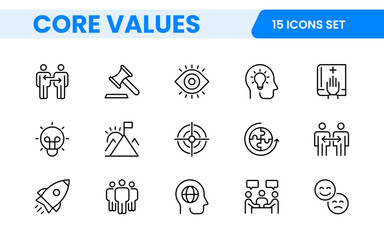 Core Values outline icons set. Core, values, business, leadership, goals, target, client, quality, success, responsibility and quality.