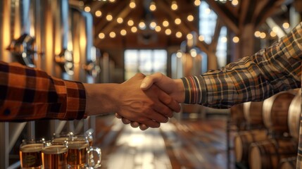 Crafting Success Brewery Owners Seal Deal Over Barrel Amidst Brewing Equipment and Beer Glasses