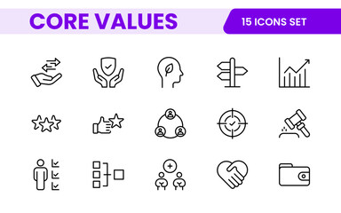 Core Values outline icons set. Core, values, business, leadership, goals, target, client, quality, success, responsibility and quality.