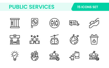 Set of outline Public Services icons. Minimalist thin linear web icon set. Line icons related to public utilities. Gas, electricity, water, heating.