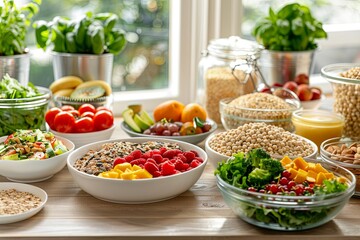 A selection of vibrant fruits, vegetables, nuts, and prepared meals beautifully arranged for a healthy midday gathering. Generative AI