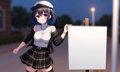 a girl with a white board that says anime on it