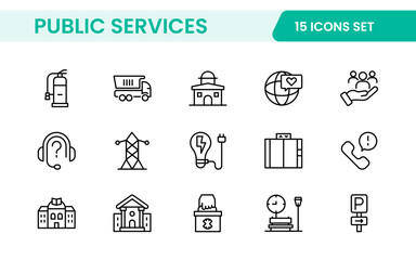 Set of outline Public Services icons. Minimalist thin linear web icon set. Line icons related to public utilities. Gas, electricity, water, heating.