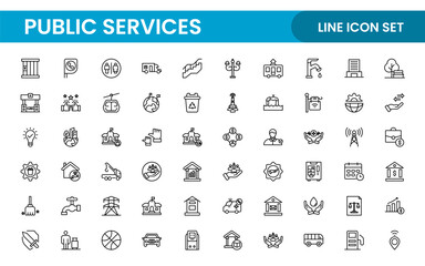 Set of outline Public Services icons. Minimalist thin linear web icon set. Line icons related to public utilities. Gas, electricity, water, heating.