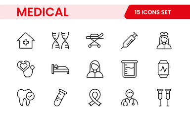 Set of Medical web icons in line style. Medicine and Health Care, RX. Medicine, check up, doctor, dentistry, pharmacy, lab, scientific discovery, collection.