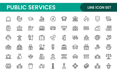Set of outline Public Services icons. Minimalist thin linear web icon set. Line icons related to public utilities. Gas, electricity, water, heating.