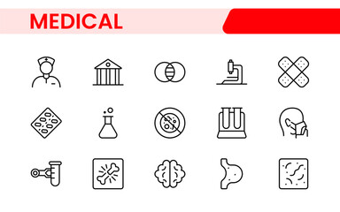 Set of Medical web icons in line style. Medicine and Health Care, RX. Medicine, check up, doctor, dentistry, pharmacy, lab, scientific discovery, collection.