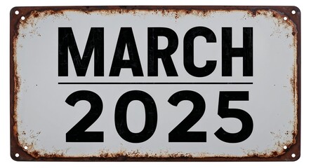 Fototapeta premium march 2025 lettering on antique rugged rusty metal sign on plain white background