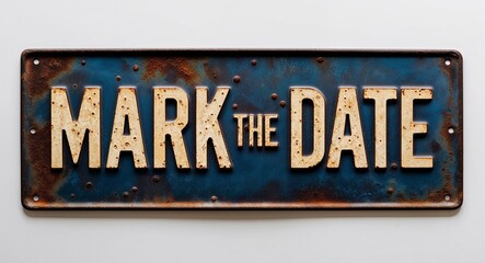 Fototapeta premium mark the date lettering on antique rugged rusty metal sign on plain white background