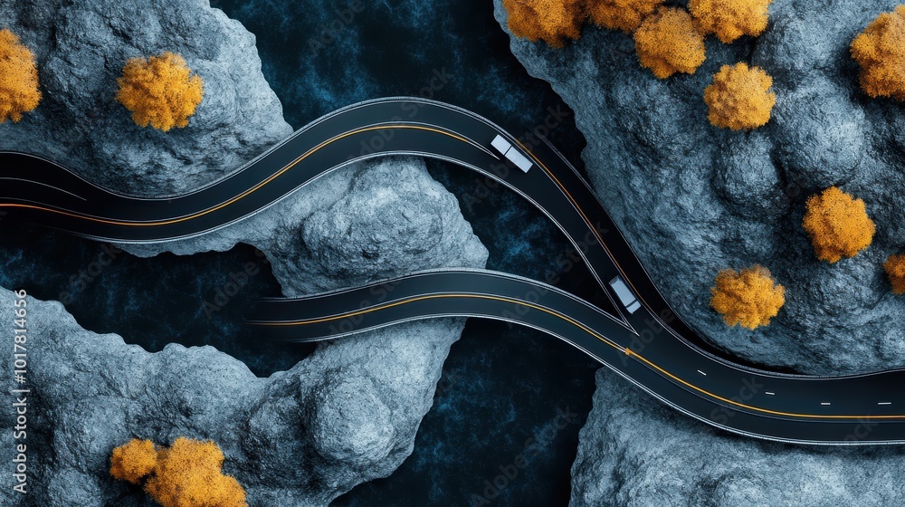 Poster a satellite image showing the intricate curves of a network of roads, highlighting the complexity of