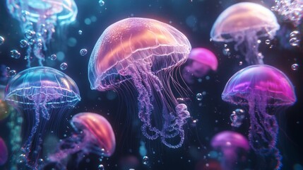 Obraz premium A group of jellyfish in a dark blue ocean