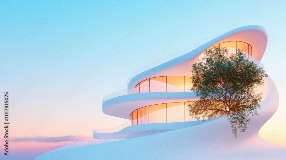 Poster a futuristic building with curved lines and organic shapes, emphasizing the beauty and structural in