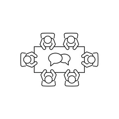 Brainstorming and teamwork icon. Business meeting. Group of six people in conference room sitting around a table working together on new creative projects.