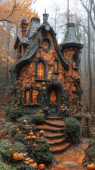 Obraz premium A whimsical cottage adorned with pumpkins and surrounded by autumn foliage, exuding a cozy, magical vibe, Great for seasonal decorations, Halloween themes, or fantasy storytelling,
