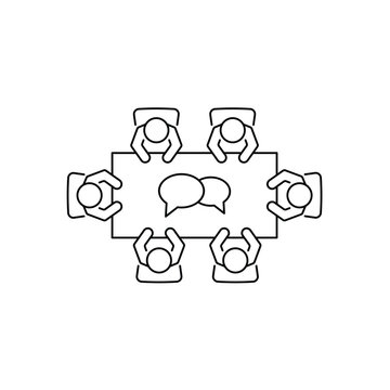 Brainstorming and teamwork icon. Business meeting. Group of six people in conference room sitting around a table working together on new creative projects.