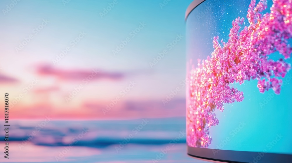 Poster a close up of a curved monitor displaying a graphic, emphasizing the immersive experience and visual