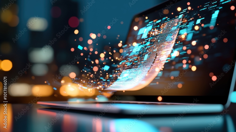 Poster a tech focused photo showcasing a curved laptop screen with a complex software interface, emphasizin
