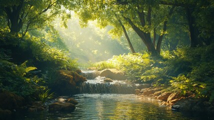 Tranquil mountain stream flowing through a lush forest, with sunlight filtering through the trees