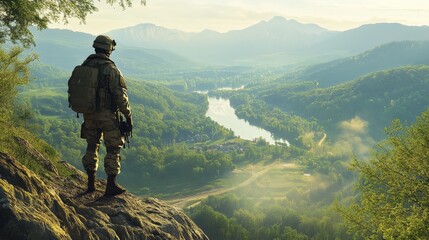 Fototapeta premium Soldier gazing at a breathtaking landscape a moment of reflection in nature s beauty