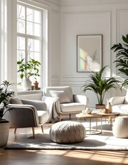 Minimalist Interior with Boucle Lounge Chairs and Sofa in Classic Living Room