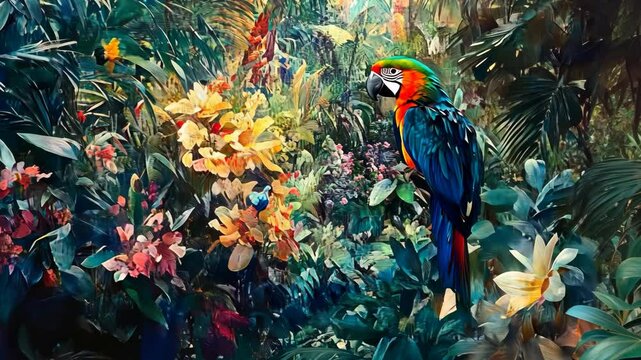 A bright blue and red macaw perches in a dense, lush tropical rainforest, surrounded by vibrant flowers and foliage
