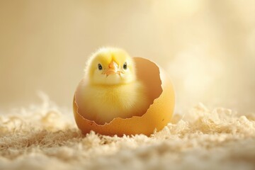 A charming yellow chick hatching from its egg surrounded by soft bedding and warm light
