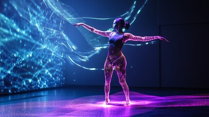 A woman in a purple outfit is dancing in front of a blue background