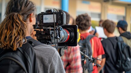 Creative Youth High School Students Collaborating on Film Project with Professional Camera Equipment BehindtheScenes Shot Capturing Artistic Vision and Teamwork in Action