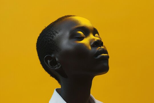 Ein Afrikanisches Kind mit nach oben gerichtetem Kopf vor gelbem Hintergrund, gelbes Licht scheint auf das Kind 