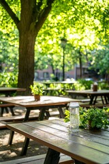 Obraz premium A shaded area with picnic tables set up for dining. Friends are enjoying cold drinks while discussing their plans for the summer, Generative AI