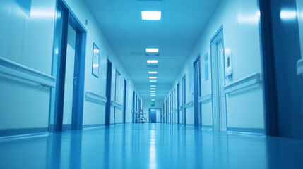 Fototapeta premium A long hallway with blue walls and blue floors