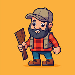 Character Man With A Beard And A Hat Holding A Piece Of Wood And Wearing A Vest Hand Drawn Vector Cartoon Style Illustration