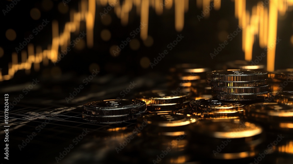 Poster golden coins with graph background in dark environment