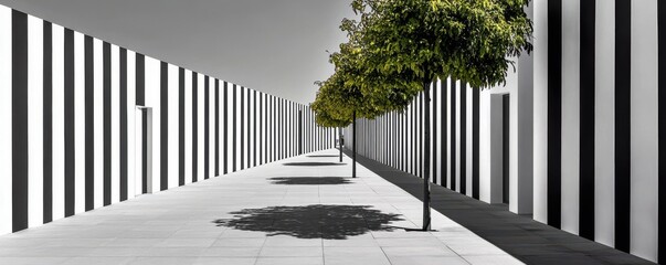 Obraz premium Tall narrow building, vertical stripes, minimalist facade, deep shadows, urban setting, monochrome photography, clean lines and modern design