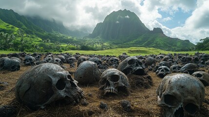 A large mountain range is in the background of a field of skulls. The skulls are scattered across the ground, some of them large and some small. The scene gives off a sense of mystery and intrigue