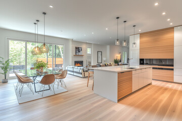 Fototapeta premium Bright open-concept home with modern kitchen, spacious dining area, and large sliding doors leading to a patio, offering seamless indoor-outdoor living