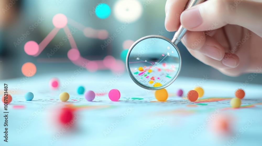 Poster a person studying a complex data chart, using a magnifying glass to scrutinize the details and draw 