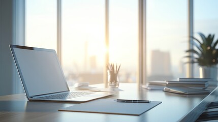 A modern office workspace with a laptop, stationery, and a view of the city skyline at sunset.